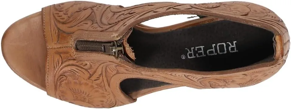 ROPER Womens Mika Floral Embossed Peep Toe Zippered Shootie Pumps Casual Sandals Casual High Heel 3" & Up - Brown