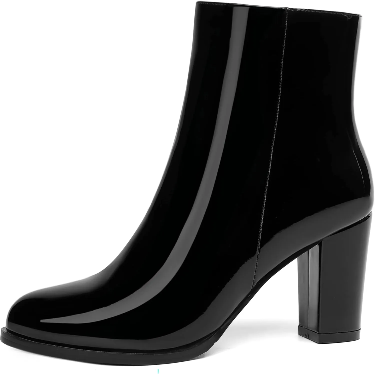ROSERWISH Womens Fashion Casual Fall Winter Patent Round Toe Side Zip Block High Heel Ankle High Boots 3.5 Inch