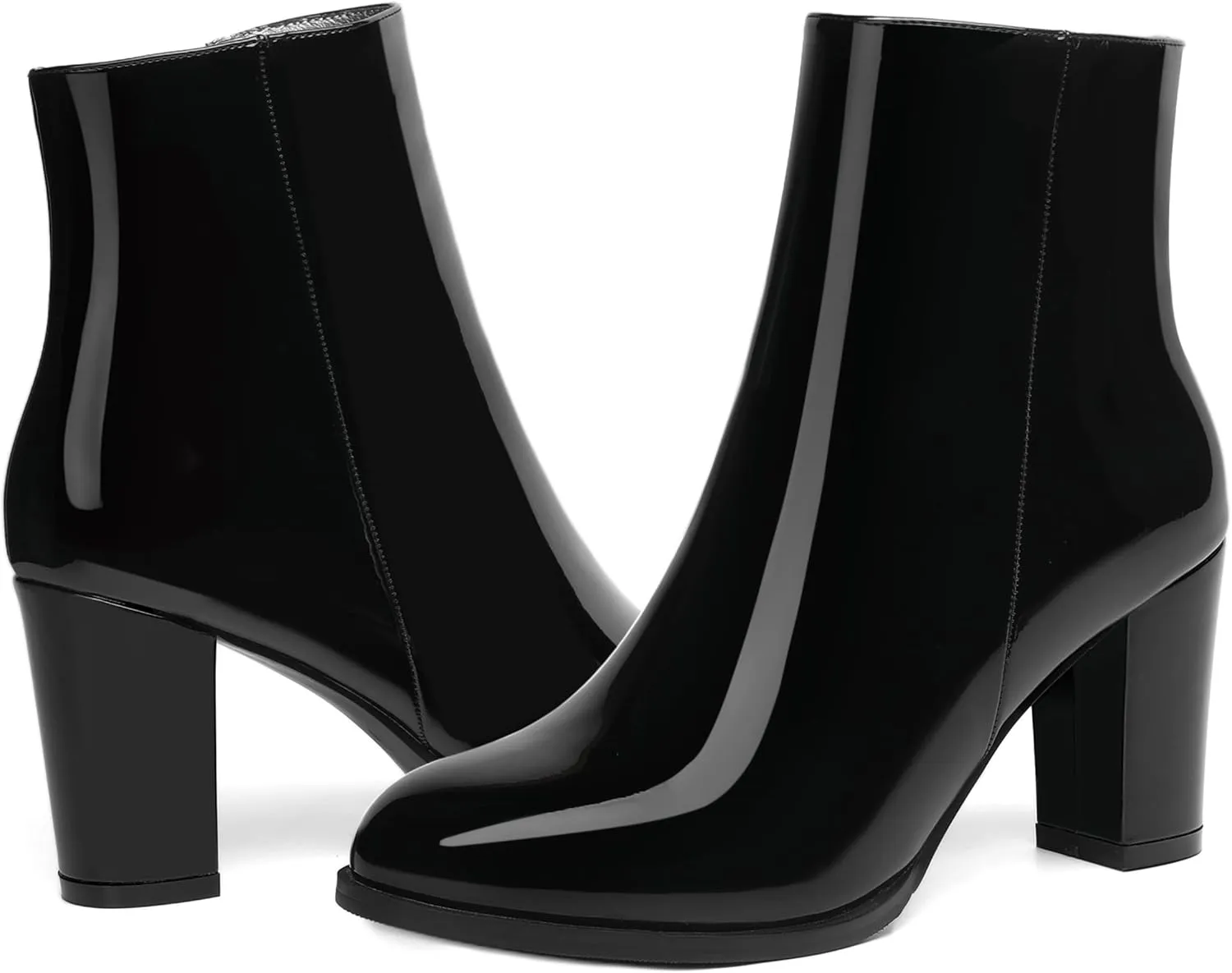 ROSERWISH Womens Fashion Casual Fall Winter Patent Round Toe Side Zip Block High Heel Ankle High Boots 3.5 Inch