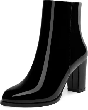 ROSERWISH Womens Fashion Casual Fall Winter Patent Round Toe Side Zip Block High Heel Ankle High Boots 3.5 Inch