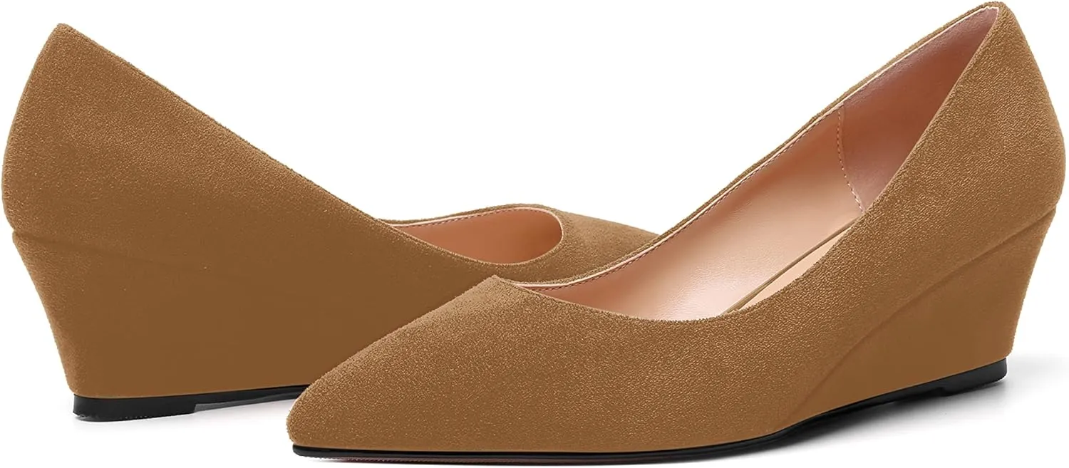 ROSERWISH Womens Wedding Pointed Toe Suede Fashion Slip On Comfortable Wedge Low Heel Pumps Dress Shoes 2 Inch