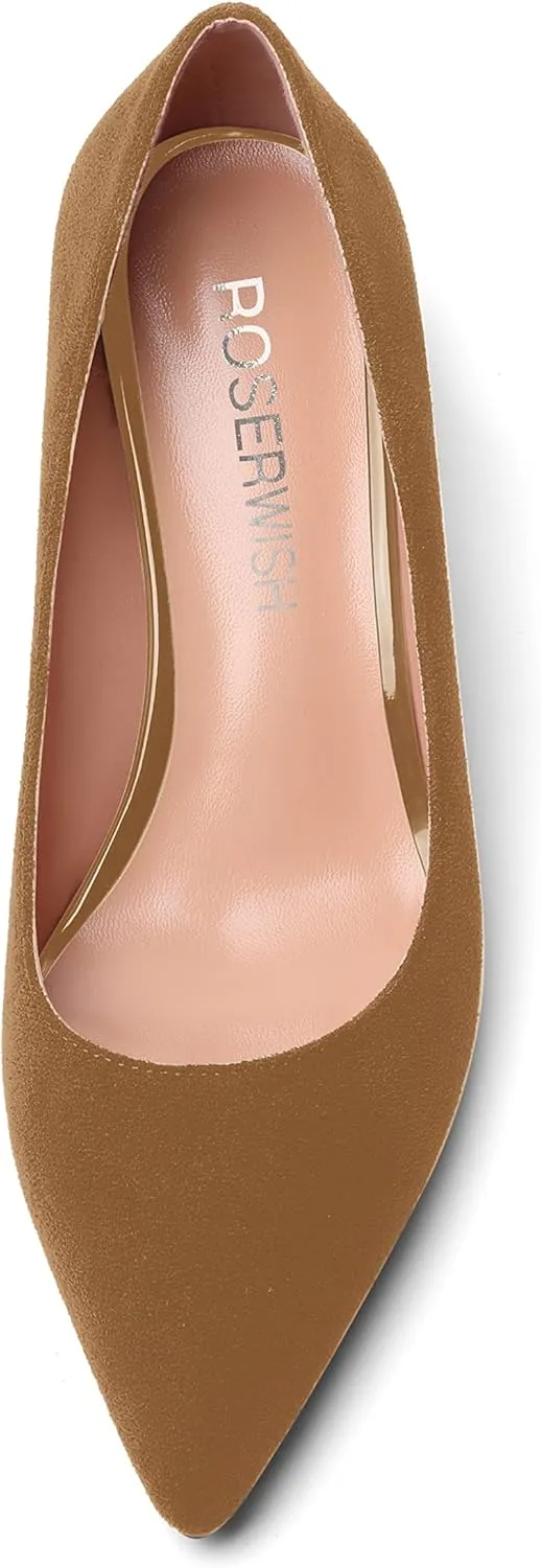 ROSERWISH Womens Wedding Pointed Toe Suede Fashion Slip On Comfortable Wedge Low Heel Pumps Dress Shoes 2 Inch