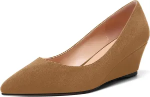 ROSERWISH Womens Wedding Pointed Toe Suede Fashion Slip On Comfortable Wedge Low Heel Pumps Dress Shoes 2 Inch