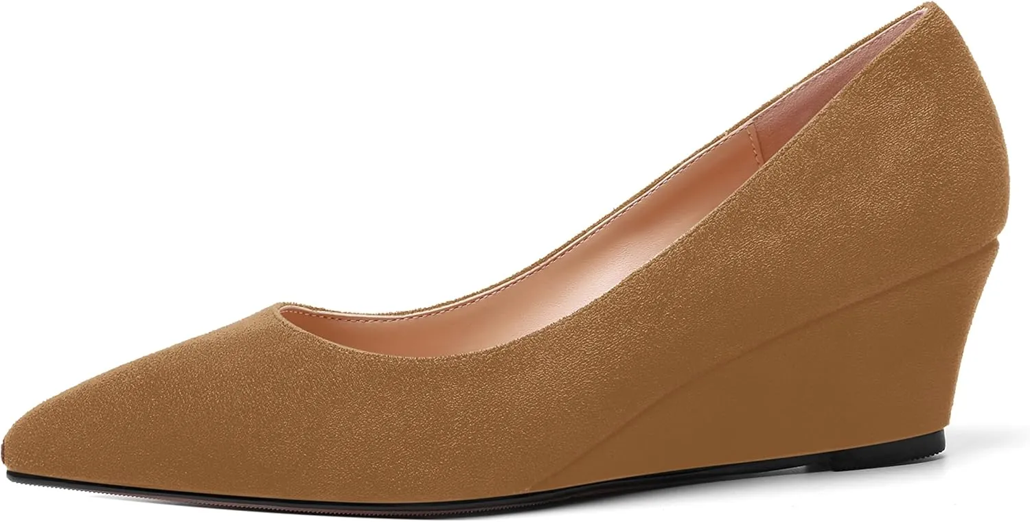 ROSERWISH Womens Wedding Pointed Toe Suede Fashion Slip On Comfortable Wedge Low Heel Pumps Dress Shoes 2 Inch
