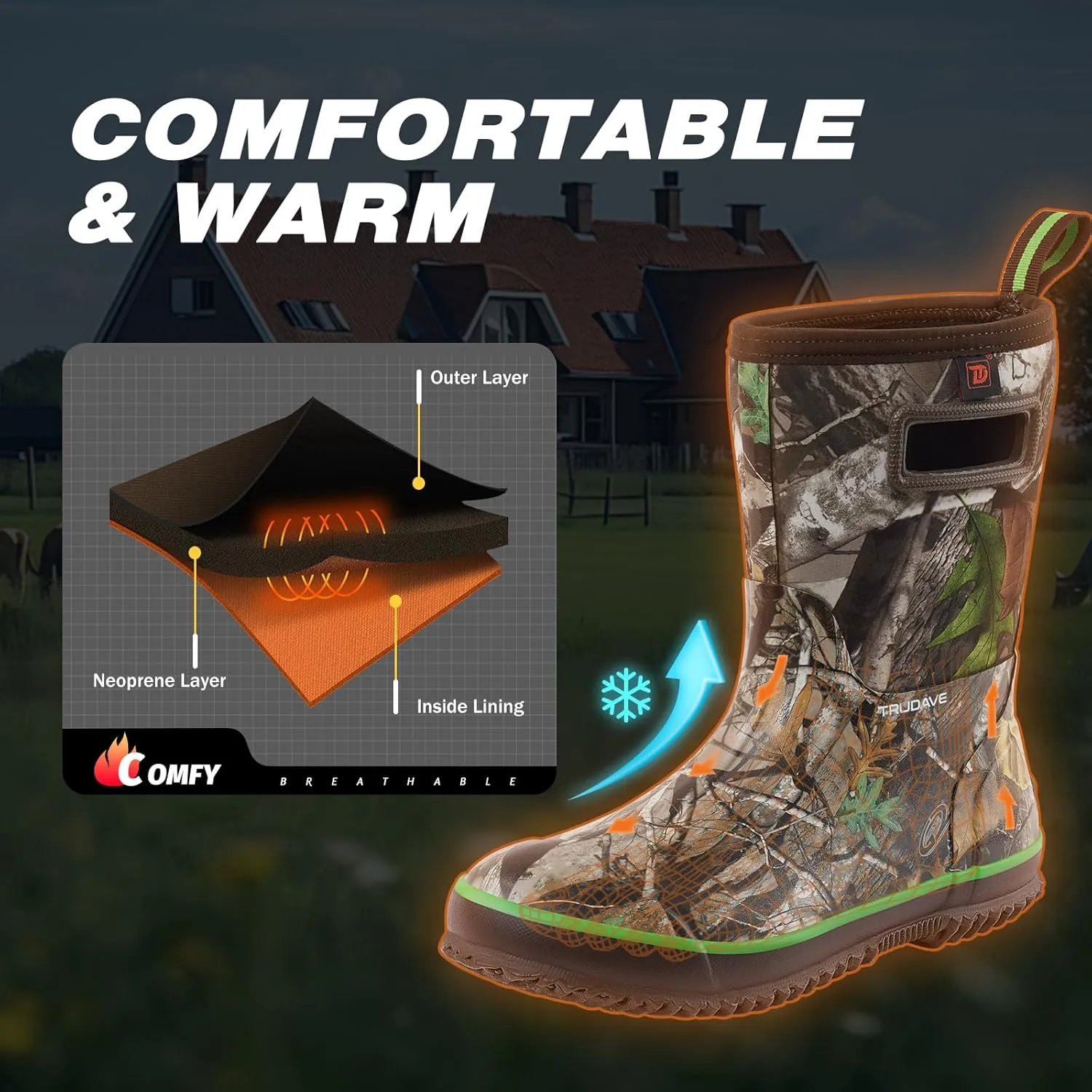 Rubber Boots for Men, Warm 4.5mm Neoprene Waterproof Insulated Rain Boots, Mid Calf All-Season Mud Boots for Outdoor Work Hunting (Size 6-13)