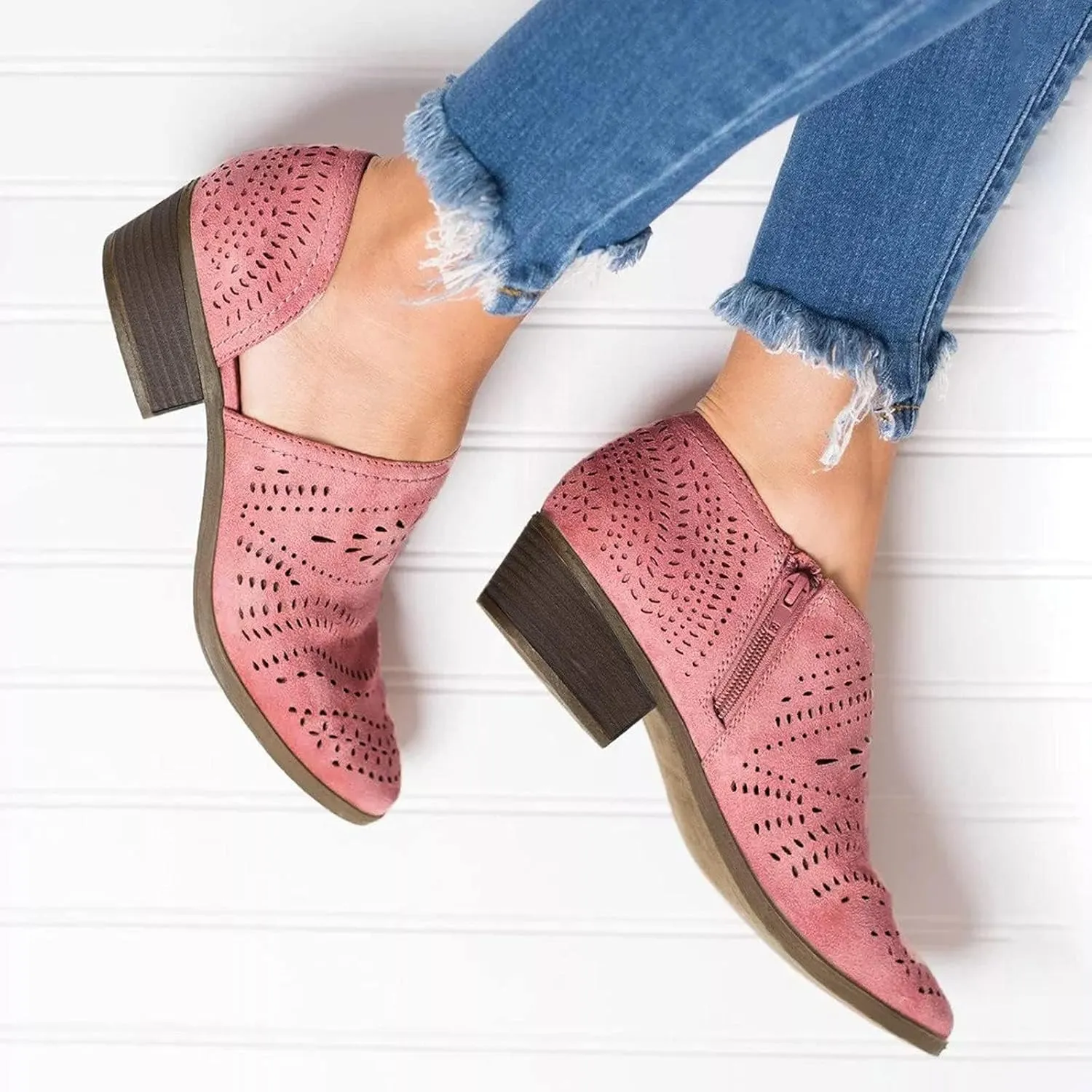 SACFOF Women's Ankle Boots Casual Cutout Booties Chunky Stacked Heel Perforated Side V Cut Western Shoes Slip-on Short Boots