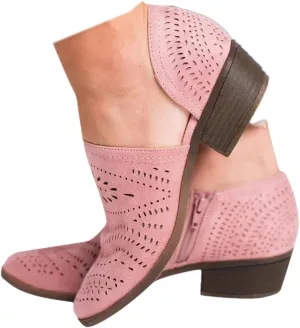 SACFOF Women's Ankle Boots Casual Cutout Booties Chunky Stacked Heel Perforated Side V Cut Western Shoes Slip-on Short Boots