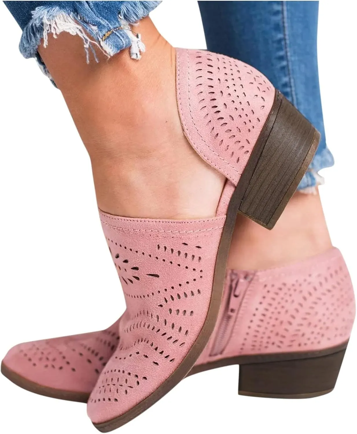 SACFOF Women's Ankle Boots Casual Cutout Booties Chunky Stacked Heel Perforated Side V Cut Western Shoes Slip-on Short Boots