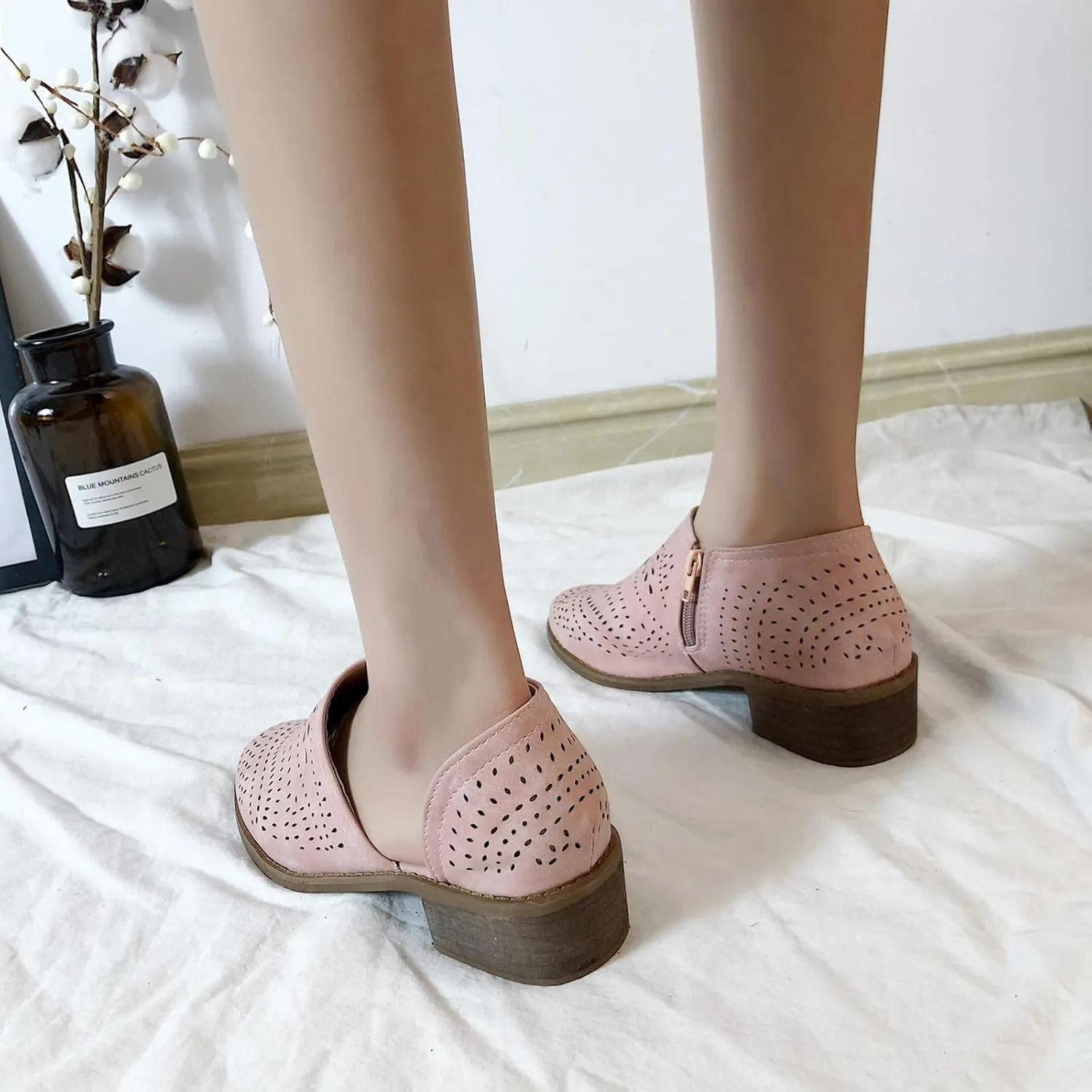 SACFOF Women's Ankle Boots Casual Cutout Booties Chunky Stacked Heel Perforated Side V Cut Western Shoes Slip-on Short Boots