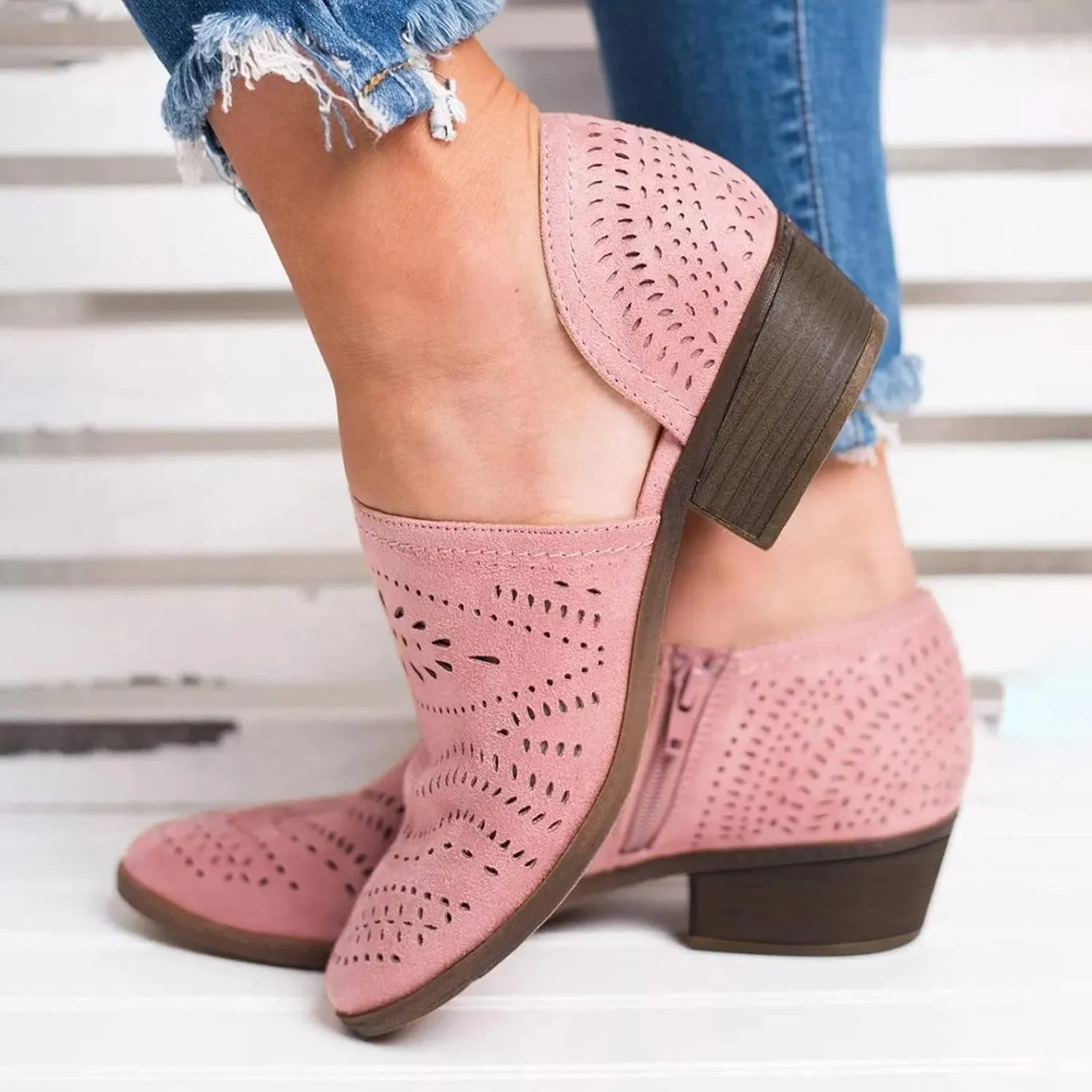 SACFOF Women's Ankle Boots Casual Cutout Booties Chunky Stacked Heel Perforated Side V Cut Western Shoes Slip-on Short Boots