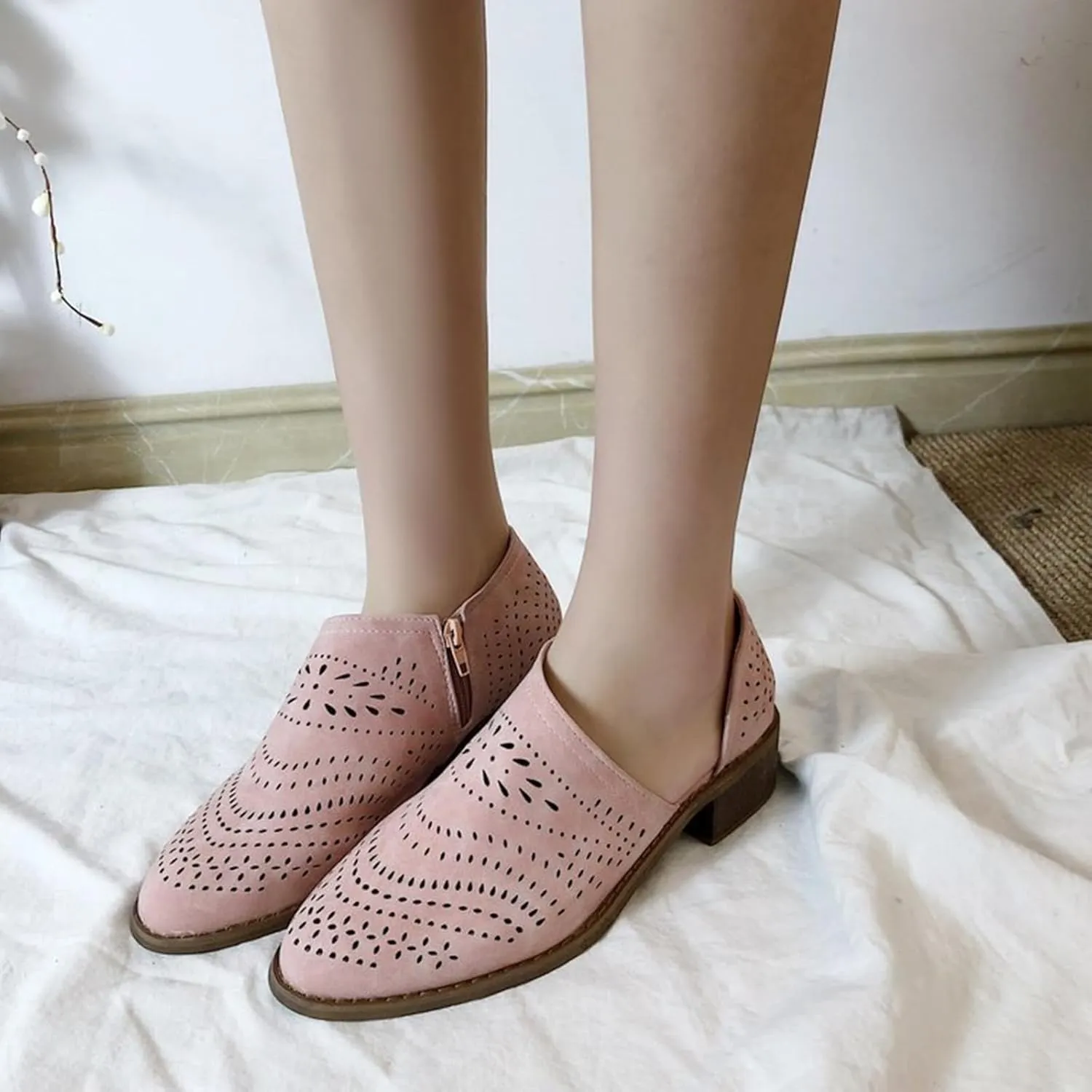 SACFOF Women's Ankle Boots Casual Cutout Booties Chunky Stacked Heel Perforated Side V Cut Western Shoes Slip-on Short Boots