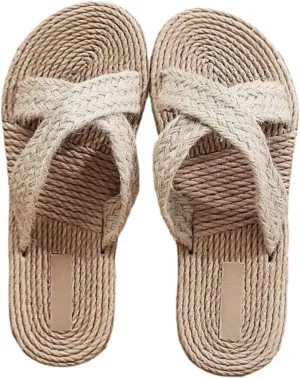 SAFIGLE Beach Slippers Imitation Straw Flat Sandals Seaside House Shoes for Women Casual Home Slippers