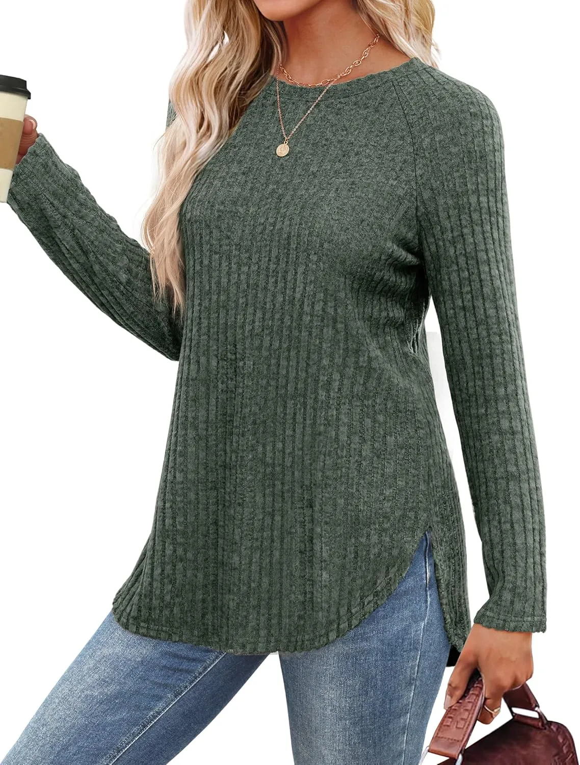 Saloogoe Long Sleeve Shirts for Women Tunic Tops for Women Loose Fit Dressy Crew Neck Pullover Basic Sweaters for Women 2024