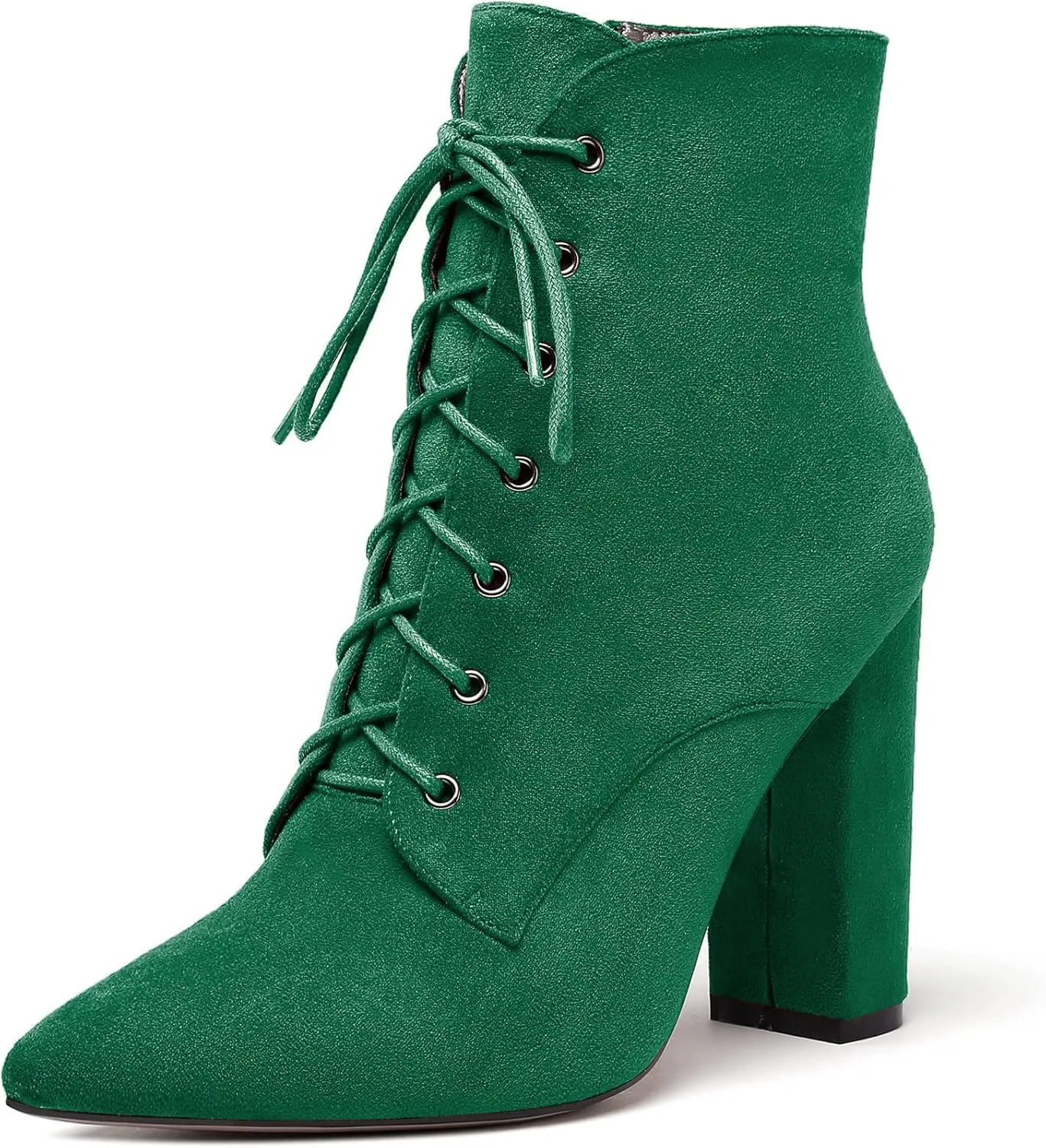 SAMMITOP Women's Chunky Heel Ankle Boots Pointed Toe Lace Up Diamond Embedded Heel Shoes