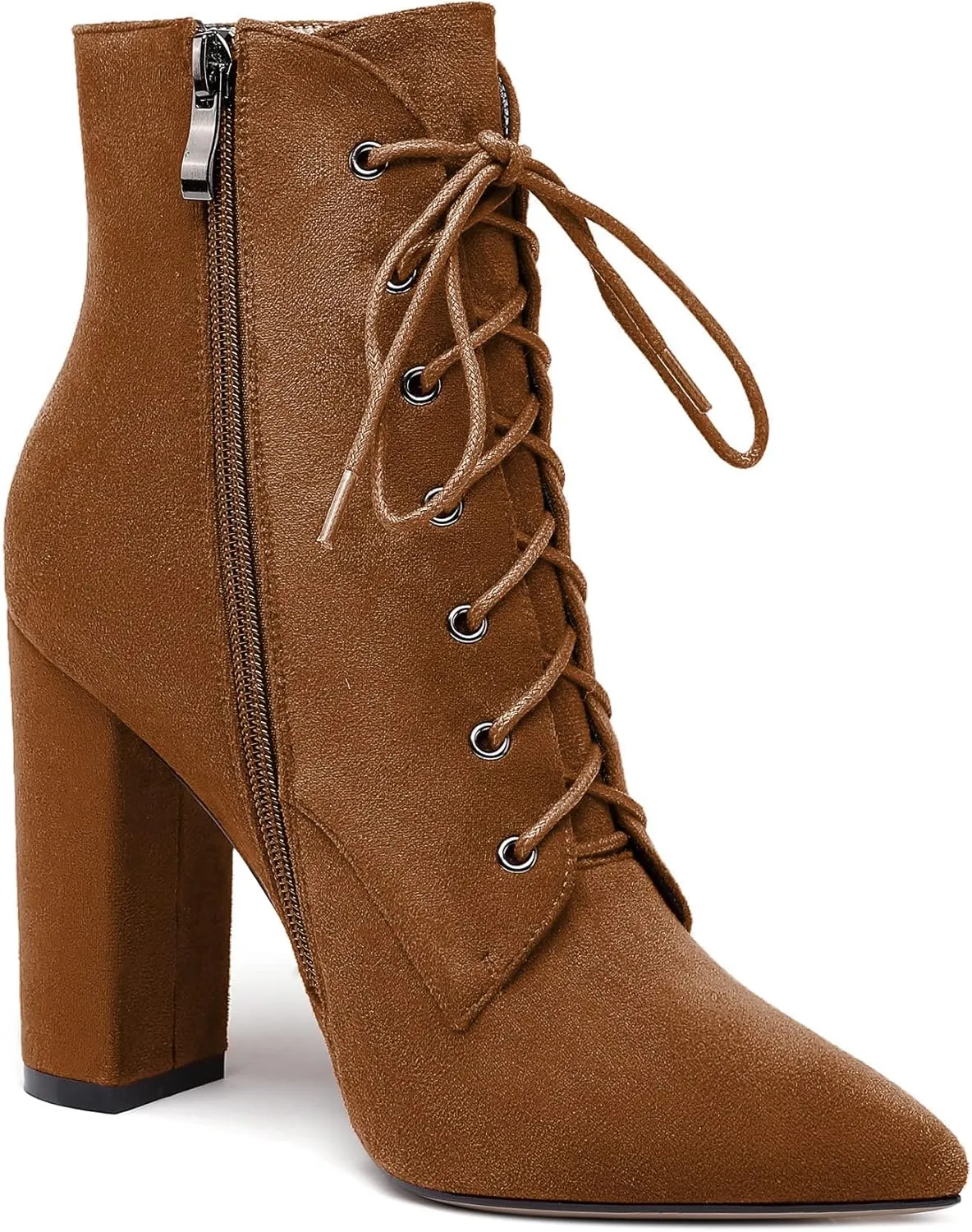 SAMMITOP Women's Chunky Heel Ankle Boots Pointed Toe Lace Up Diamond Embedded Heel Shoes