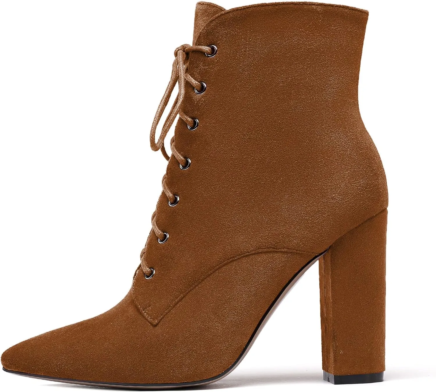 SAMMITOP Women's Chunky Heel Ankle Boots Pointed Toe Lace Up Diamond Embedded Heel Shoes