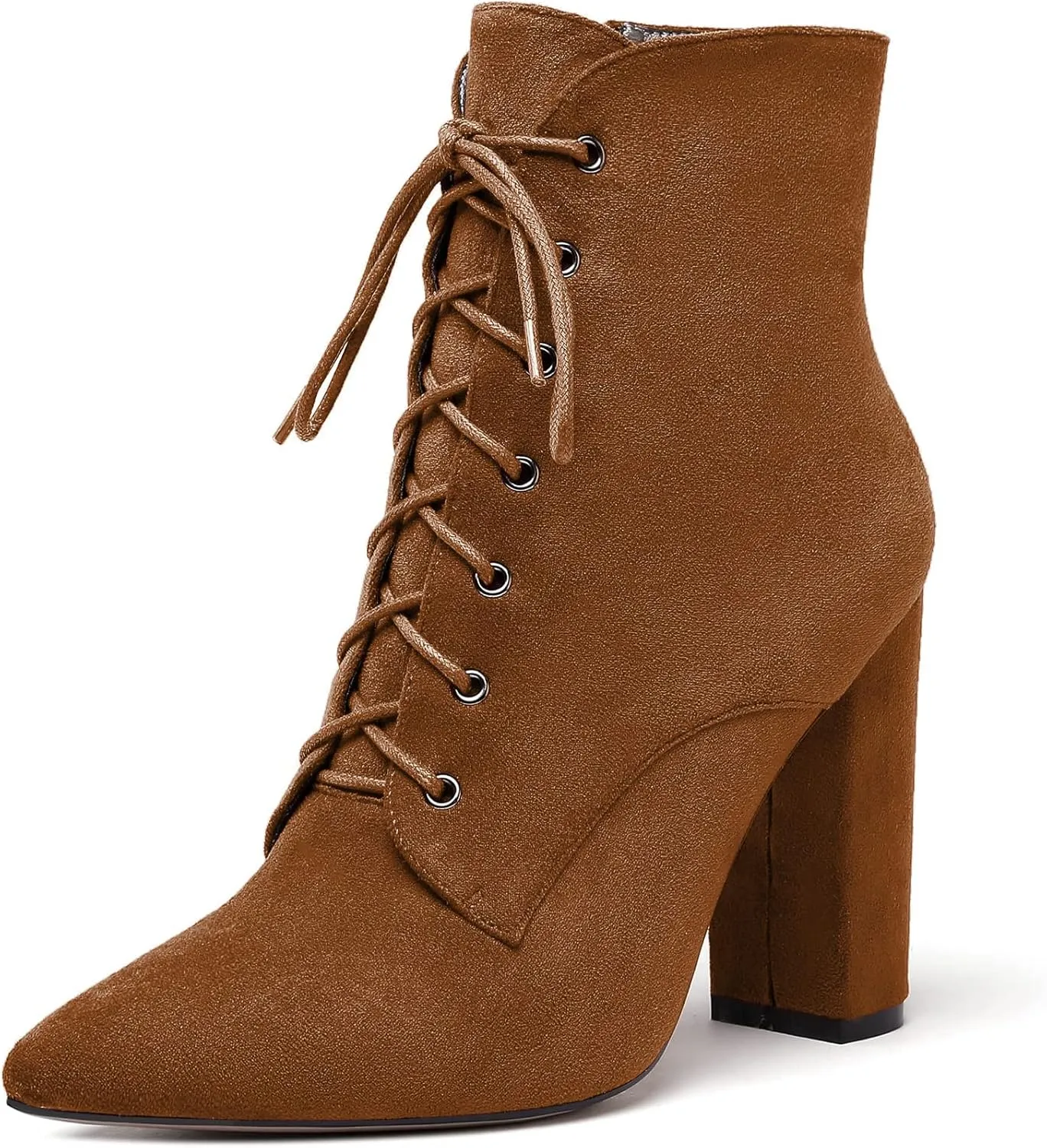 SAMMITOP Women's Chunky Heel Ankle Boots Pointed Toe Lace Up Diamond Embedded Heel Shoes