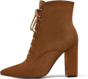 SAMMITOP Women's Chunky Heel Ankle Boots Pointed Toe Lace Up Diamond Embedded Heel Shoes
