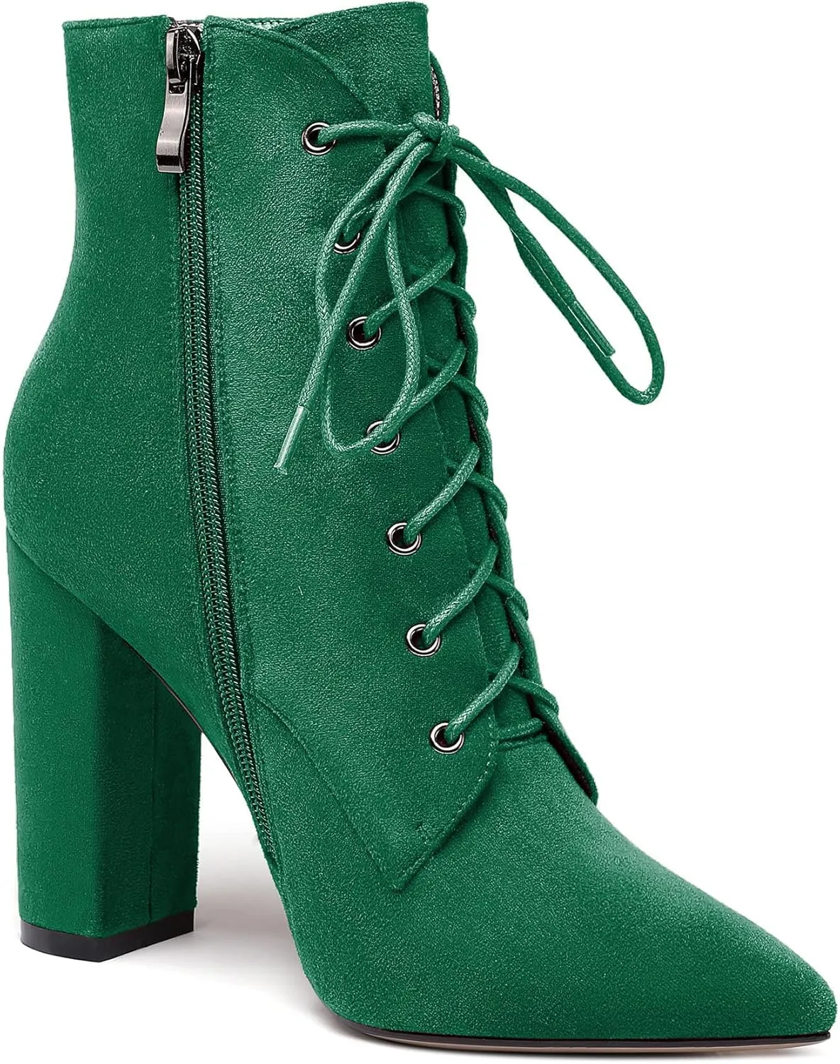 SAMMITOP Women's Chunky Heel Ankle Boots Pointed Toe Lace Up Diamond Embedded Heel Shoes