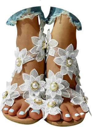 Sandals for Women Bohemian Lace Floral Dressy Sandals Fashion Pearl Flat Sandals Ring Toe Beach Shoes Slip On Slides