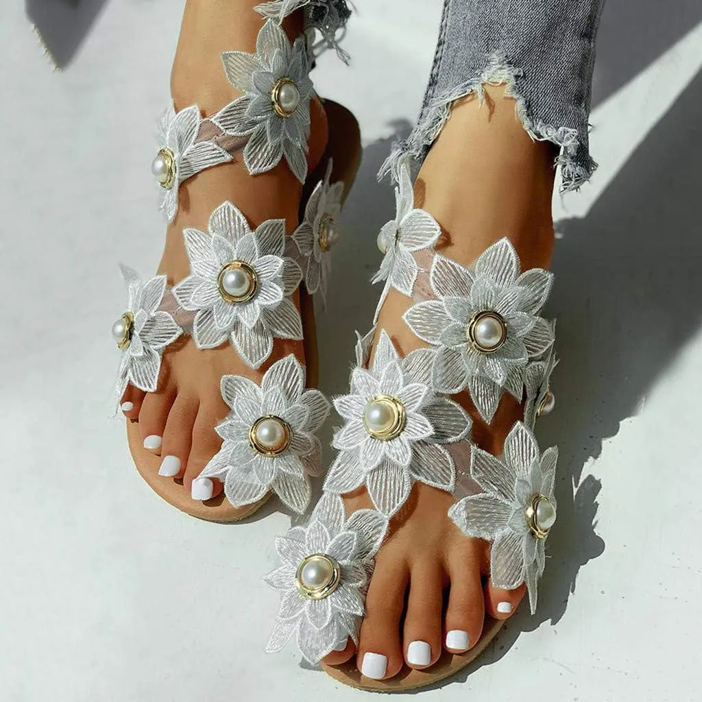 Sandals for Women Bohemian Lace Floral Dressy Sandals Fashion Pearl Flat Sandals Ring Toe Beach Shoes Slip On Slides