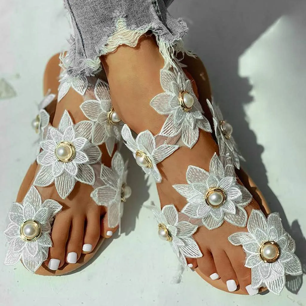 Sandals for Women Bohemian Lace Floral Dressy Sandals Fashion Pearl Flat Sandals Ring Toe Beach Shoes Slip On Slides