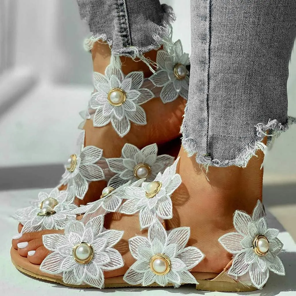 Sandals for Women Bohemian Lace Floral Dressy Sandals Fashion Pearl Flat Sandals Ring Toe Beach Shoes Slip On Slides