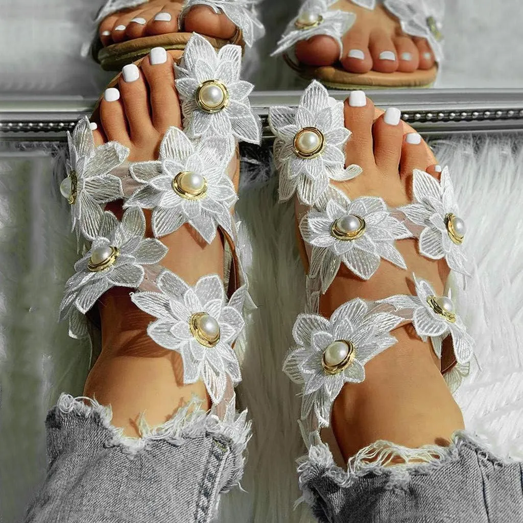 Sandals for Women Bohemian Lace Floral Dressy Sandals Fashion Pearl Flat Sandals Ring Toe Beach Shoes Slip On Slides