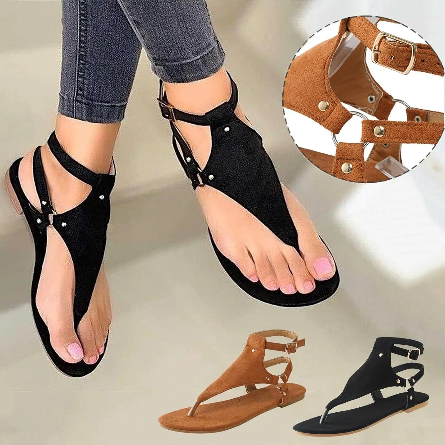 Sandals for Women Dressy Summer Thong Flip Flops Comfortable Ankle Strap Strappy Flat Sandals Walking Shoes Beach Sandals