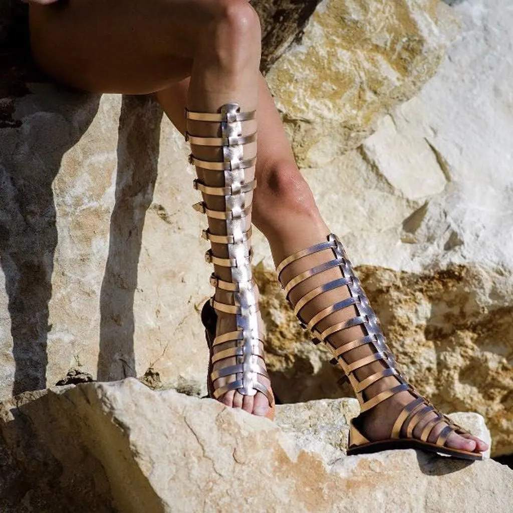 Sandals for Women Platform,Gladiator Sandals Flat Summer Beach Sandals Strappy Lace Up Open Toe Knee High Flat Sandal