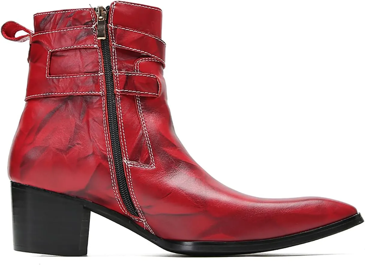 Santimon Mens Chelsea Boots Casual Dress Genuine Leather Motorcycle Boots Plain Toe Double Buttons Zipper Cowboy Boots Fashion Comfort Prom Wedding Party Disco Mid Top Boots for Men