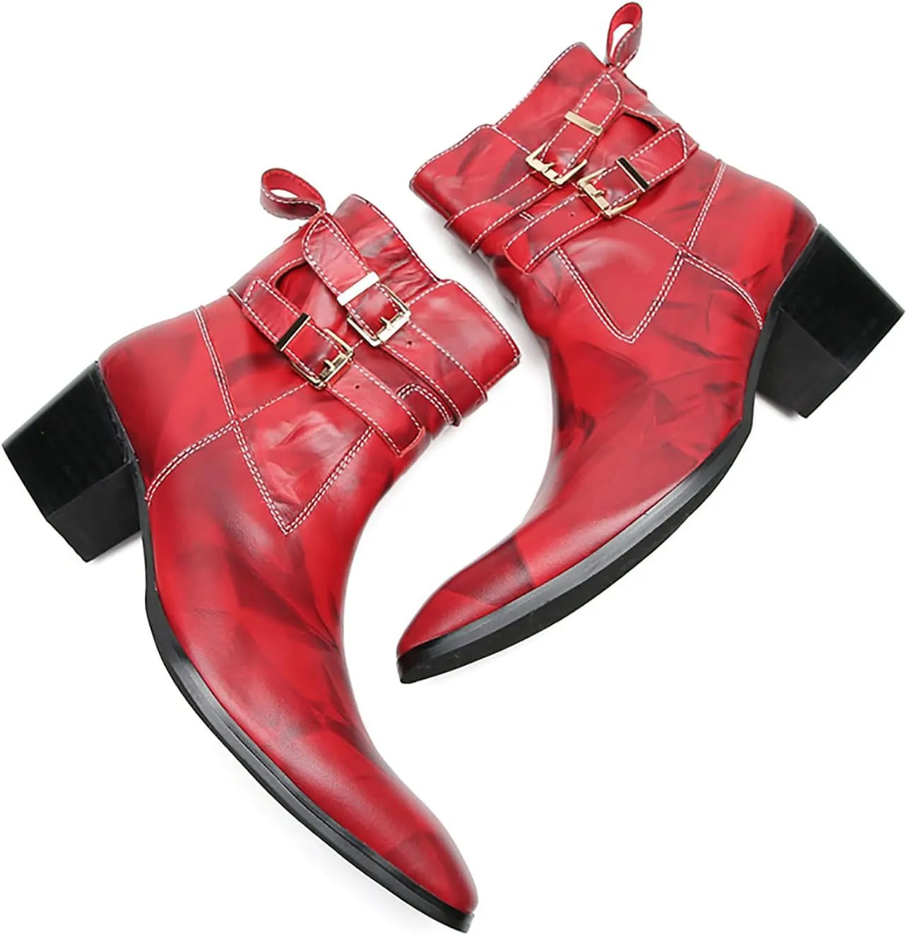 Santimon Mens Chelsea Boots Casual Dress Genuine Leather Motorcycle Boots Plain Toe Double Buttons Zipper Cowboy Boots Fashion Comfort Prom Wedding Party Disco Mid Top Boots for Men