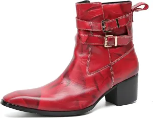 Santimon Mens Chelsea Boots Casual Dress Genuine Leather Motorcycle Boots Plain Toe Double Buttons Zipper Cowboy Boots Fashion Comfort Prom Wedding Party Disco Mid Top Boots for Men
