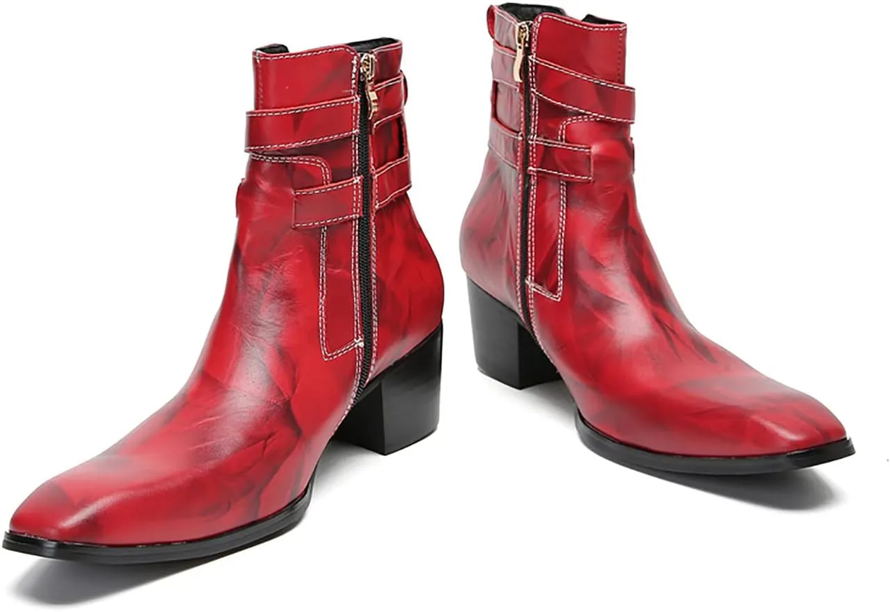 Santimon Mens Chelsea Boots Casual Dress Genuine Leather Motorcycle Boots Plain Toe Double Buttons Zipper Cowboy Boots Fashion Comfort Prom Wedding Party Disco Mid Top Boots for Men