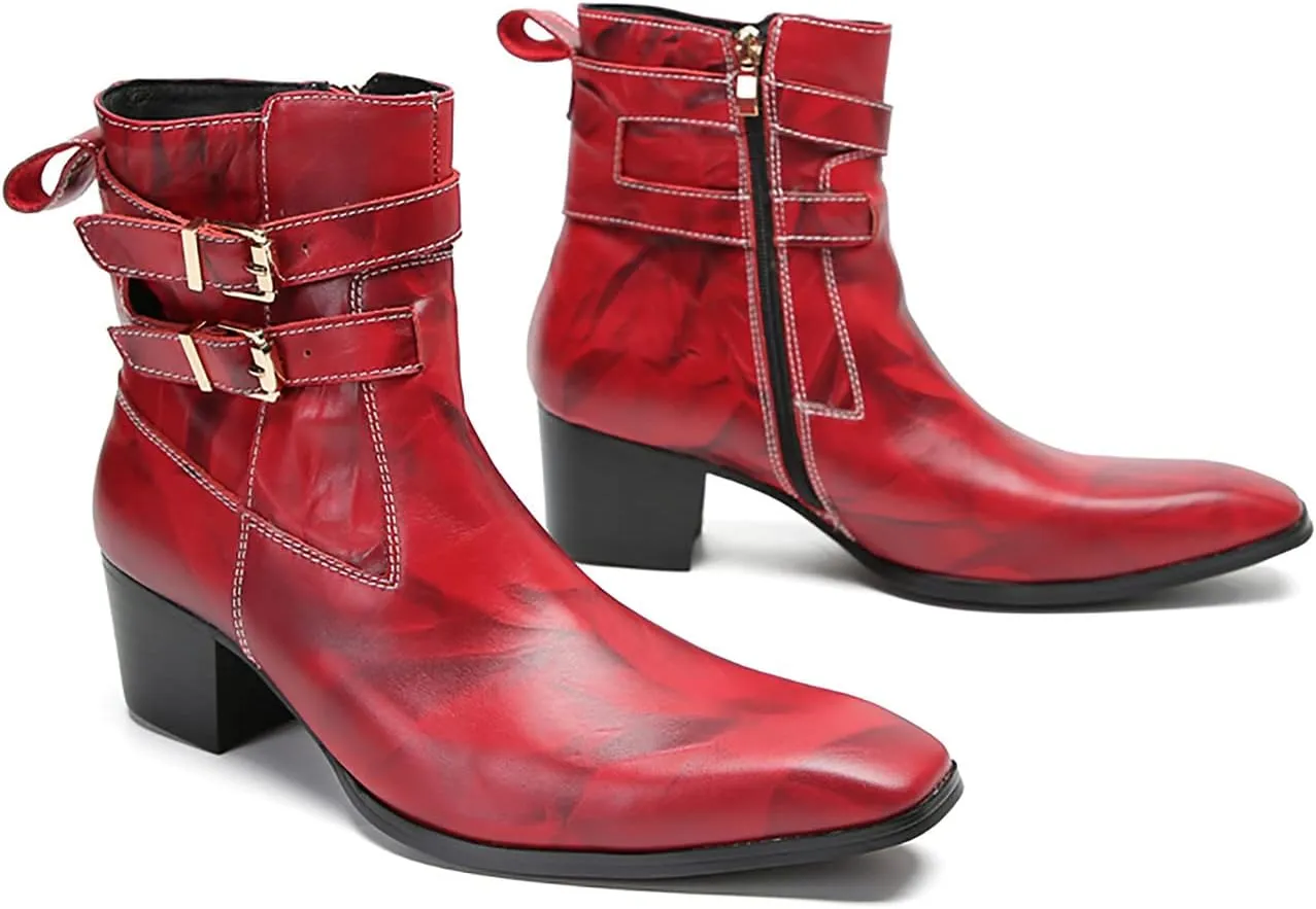 Santimon Mens Chelsea Boots Casual Dress Genuine Leather Motorcycle Boots Plain Toe Double Buttons Zipper Cowboy Boots Fashion Comfort Prom Wedding Party Disco Mid Top Boots for Men