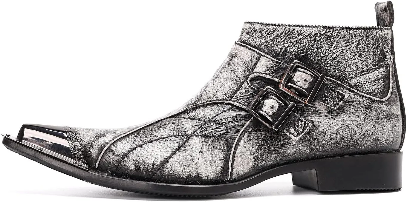 Santimon Mens Chelsea Boots Dress Casual Party Disco Cowboy Western Boots Metal Tip Toe Genuine Leather Buckles Zipper Ankle Boots Fashion Singer Ballroom Wedding Prom Chukka Boots