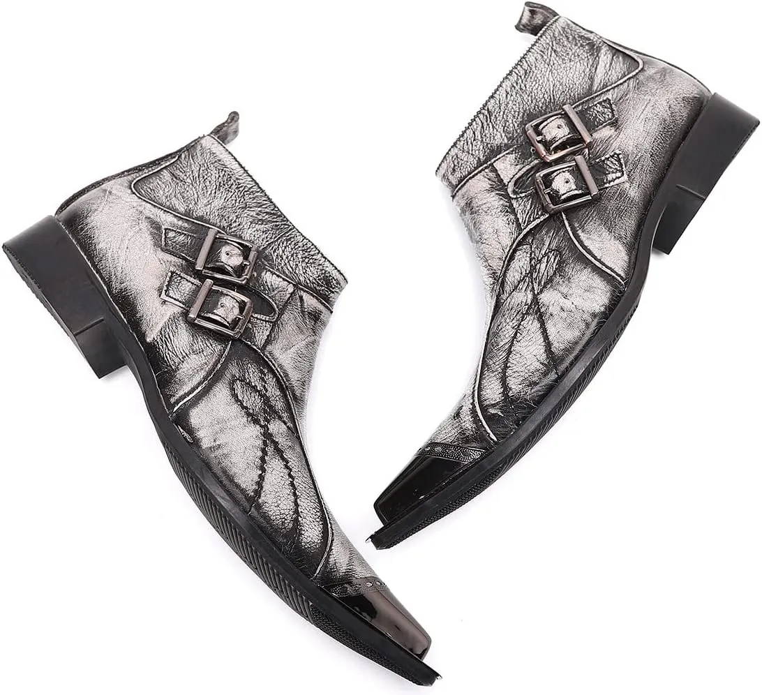 Santimon Mens Chelsea Boots Dress Casual Party Disco Cowboy Western Boots Metal Tip Toe Genuine Leather Buckles Zipper Ankle Boots Fashion Singer Ballroom Wedding Prom Chukka Boots