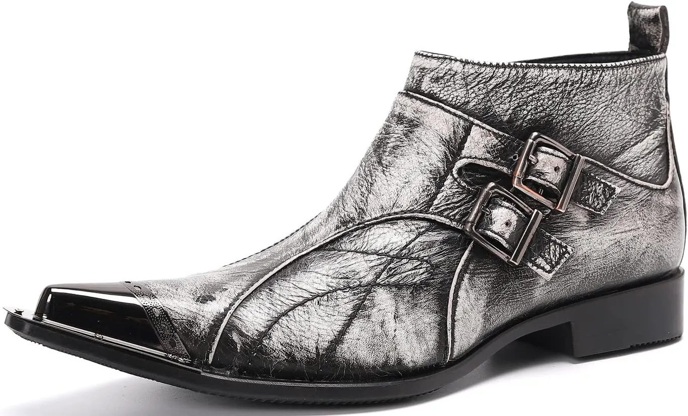 Santimon Mens Chelsea Boots Dress Casual Party Disco Cowboy Western Boots Metal Tip Toe Genuine Leather Buckles Zipper Ankle Boots Fashion Singer Ballroom Wedding Prom Chukka Boots