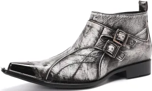 Santimon Mens Chelsea Boots Dress Casual Party Disco Cowboy Western Boots Metal Tip Toe Genuine Leather Buckles Zipper Ankle Boots Fashion Singer Ballroom Wedding Prom Chukka Boots