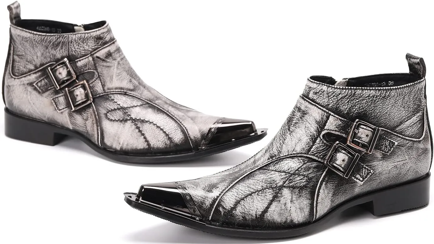 Santimon Mens Chelsea Boots Dress Casual Party Disco Cowboy Western Boots Metal Tip Toe Genuine Leather Buckles Zipper Ankle Boots Fashion Singer Ballroom Wedding Prom Chukka Boots