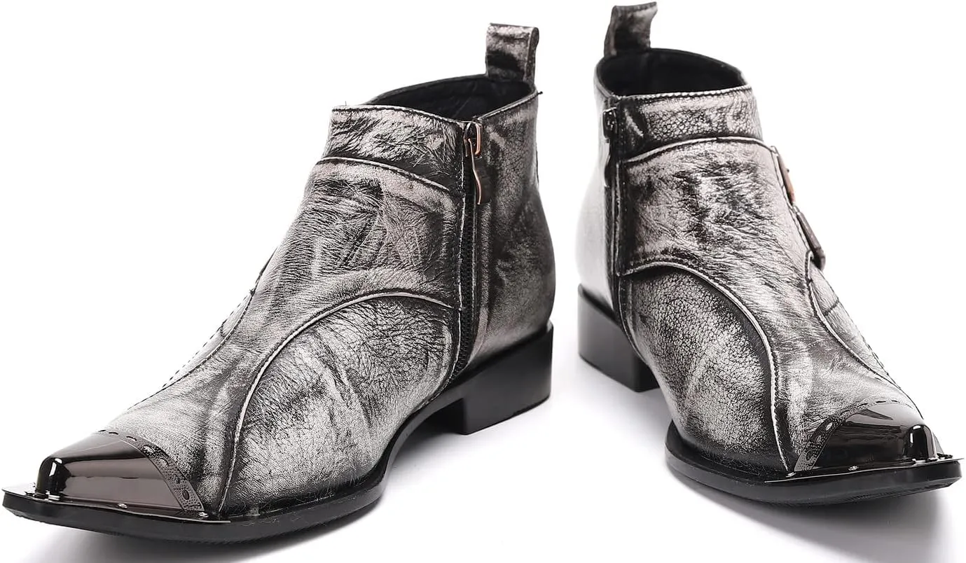 Santimon Mens Chelsea Boots Dress Casual Party Disco Cowboy Western Boots Metal Tip Toe Genuine Leather Buckles Zipper Ankle Boots Fashion Singer Ballroom Wedding Prom Chukka Boots