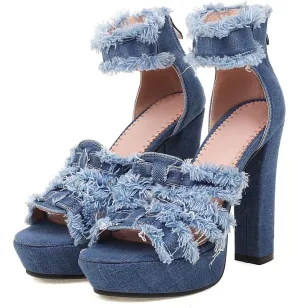 SaraIris Women's Ankle strap Stiletto Peep Toe Back Zipper High Heels Denim Sandals Casual Daily Shoes