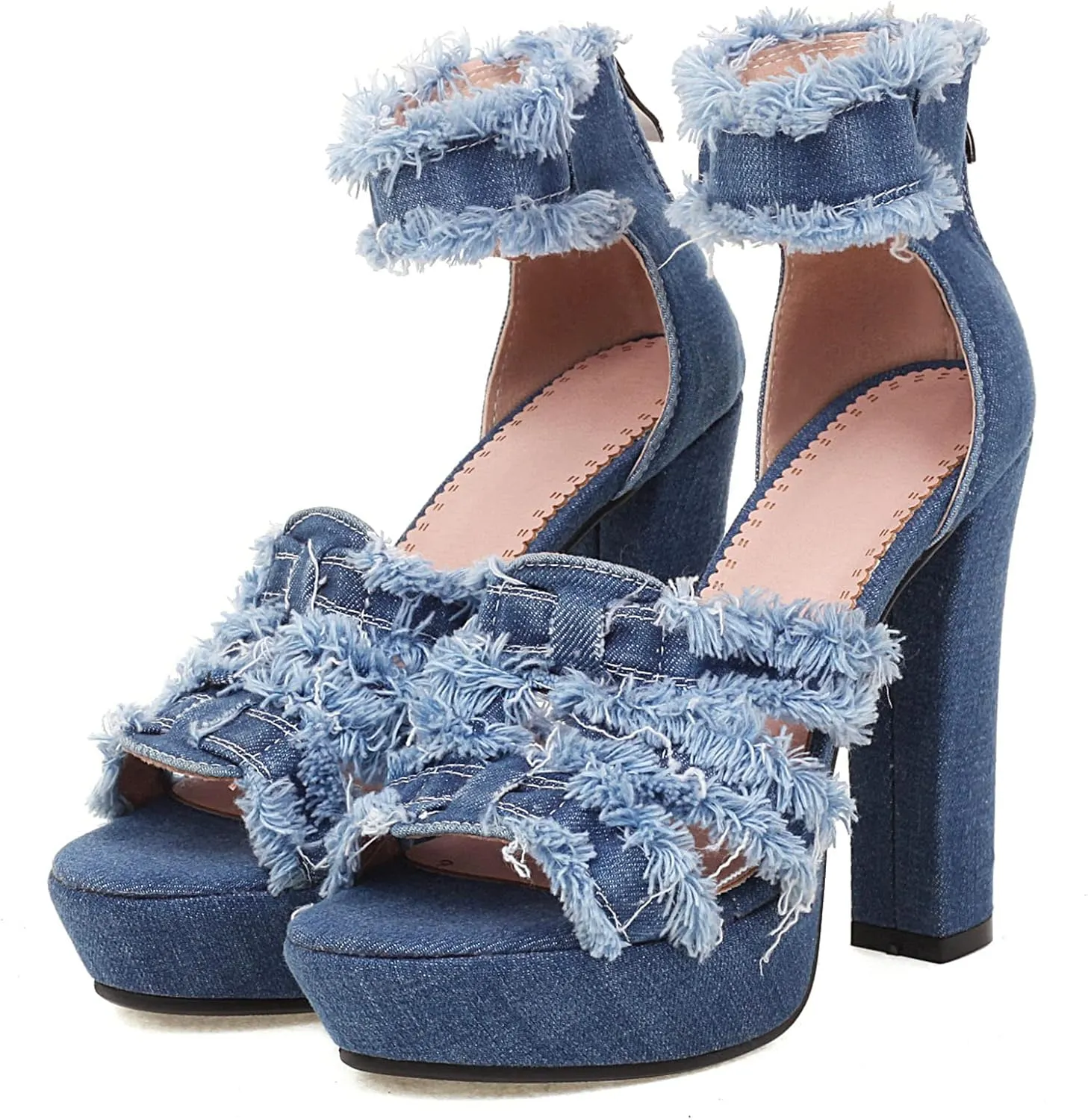 SaraIris Women's Ankle strap Stiletto Peep Toe Back Zipper High Heels Denim Sandals Casual Daily Shoes