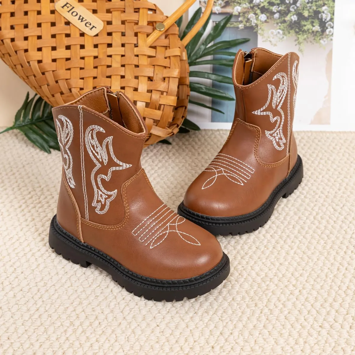 Sawimlgy Toddler Boys Girls Classic Hiking Boots PU Leather Outdoor Four Seasons Ankle Sneaker High Top Durable Rubber Sole Casual Shoes