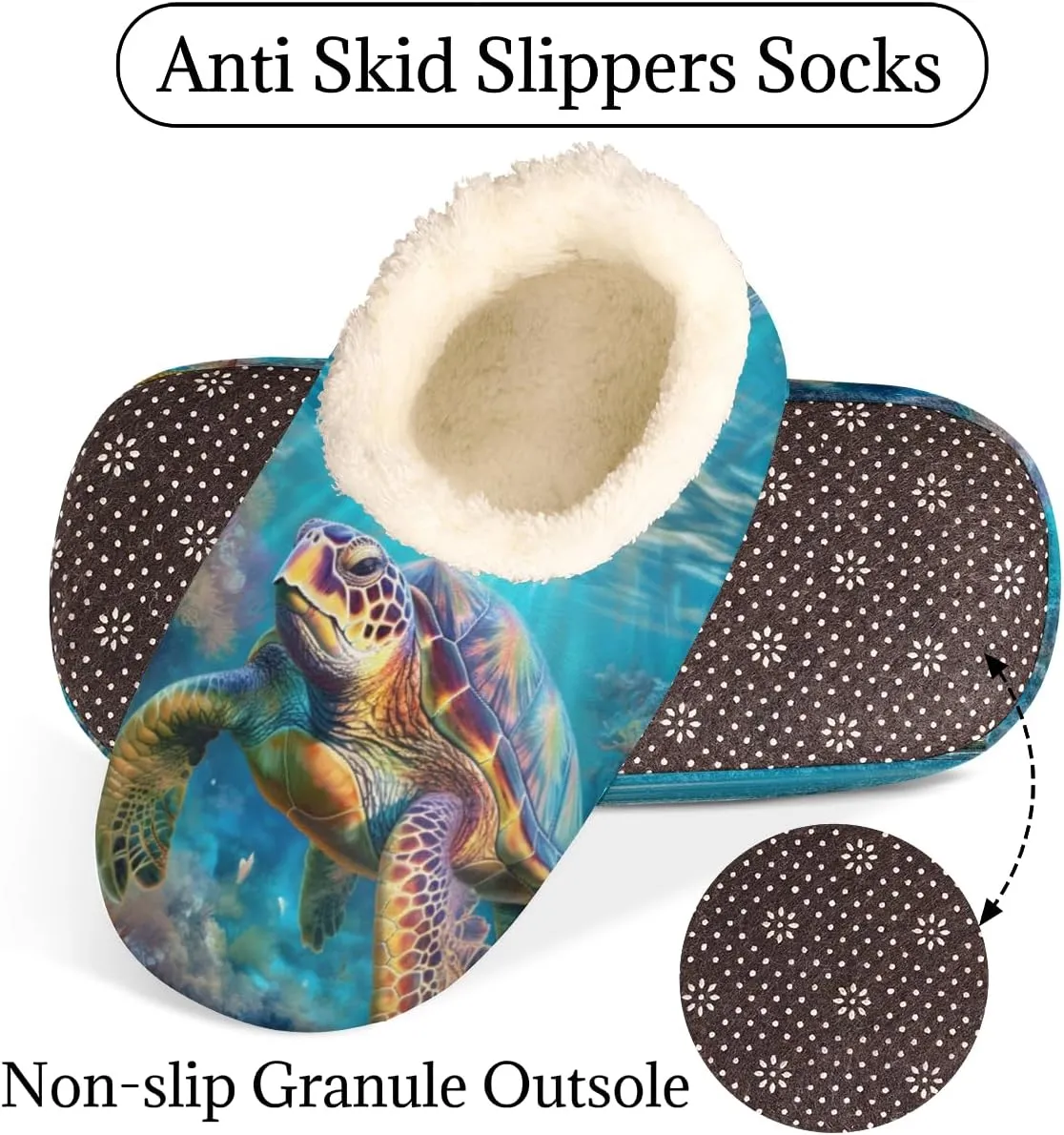 Sea Turtle Slippers for Women Men, Ocean Coral House Slippers Socks Warm Fuzzy Memory Foam Indoor Slippers Lightweight Cozy Anti-Skid Closed Back Home Shoes, Medium