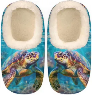 Sea Turtle Slippers for Women Men, Ocean Coral House Slippers Socks Warm Fuzzy Memory Foam Indoor Slippers Lightweight Cozy Anti-Skid Closed Back Home Shoes, Medium