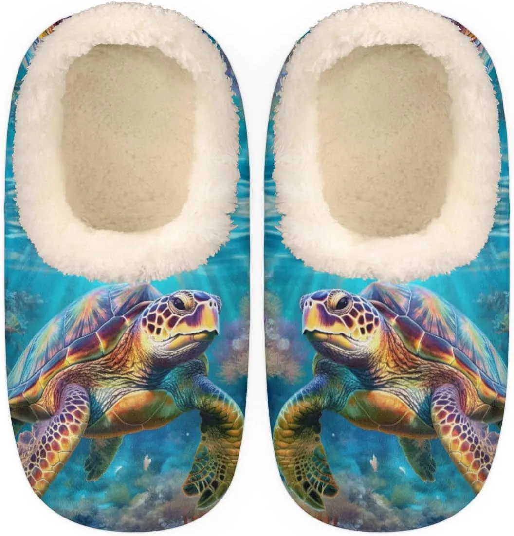 Sea Turtle Slippers for Women Men, Ocean Coral House Slippers Socks Warm Fuzzy Memory Foam Indoor Slippers Lightweight Cozy Anti-Skid Closed Back Home Shoes, Medium