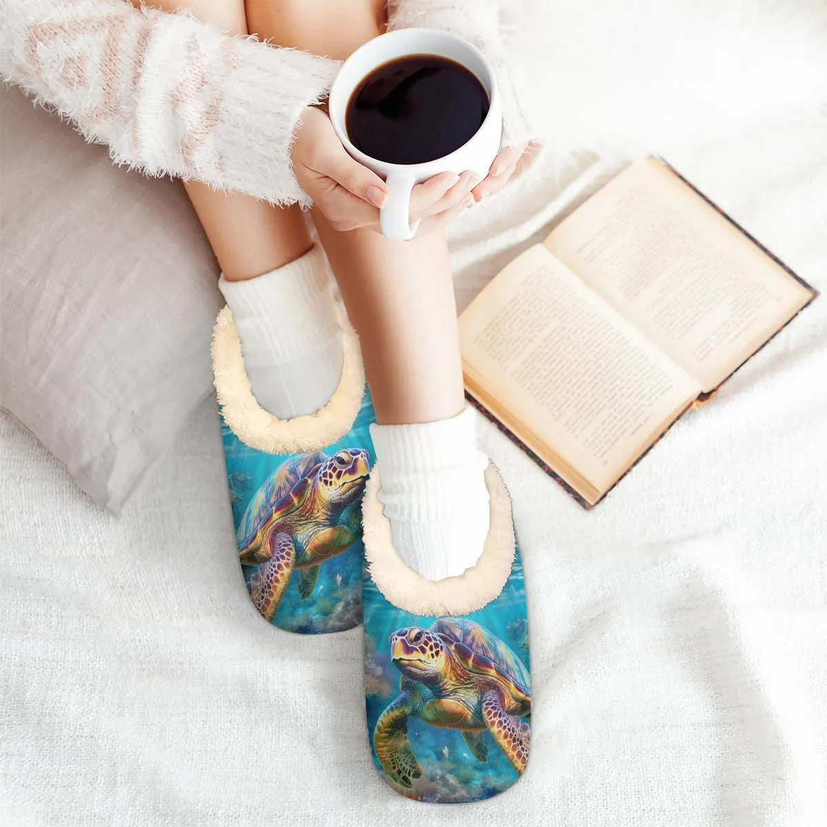 Sea Turtle Slippers for Women Men, Ocean Coral House Slippers Socks Warm Fuzzy Memory Foam Indoor Slippers Lightweight Cozy Anti-Skid Closed Back Home Shoes, Medium
