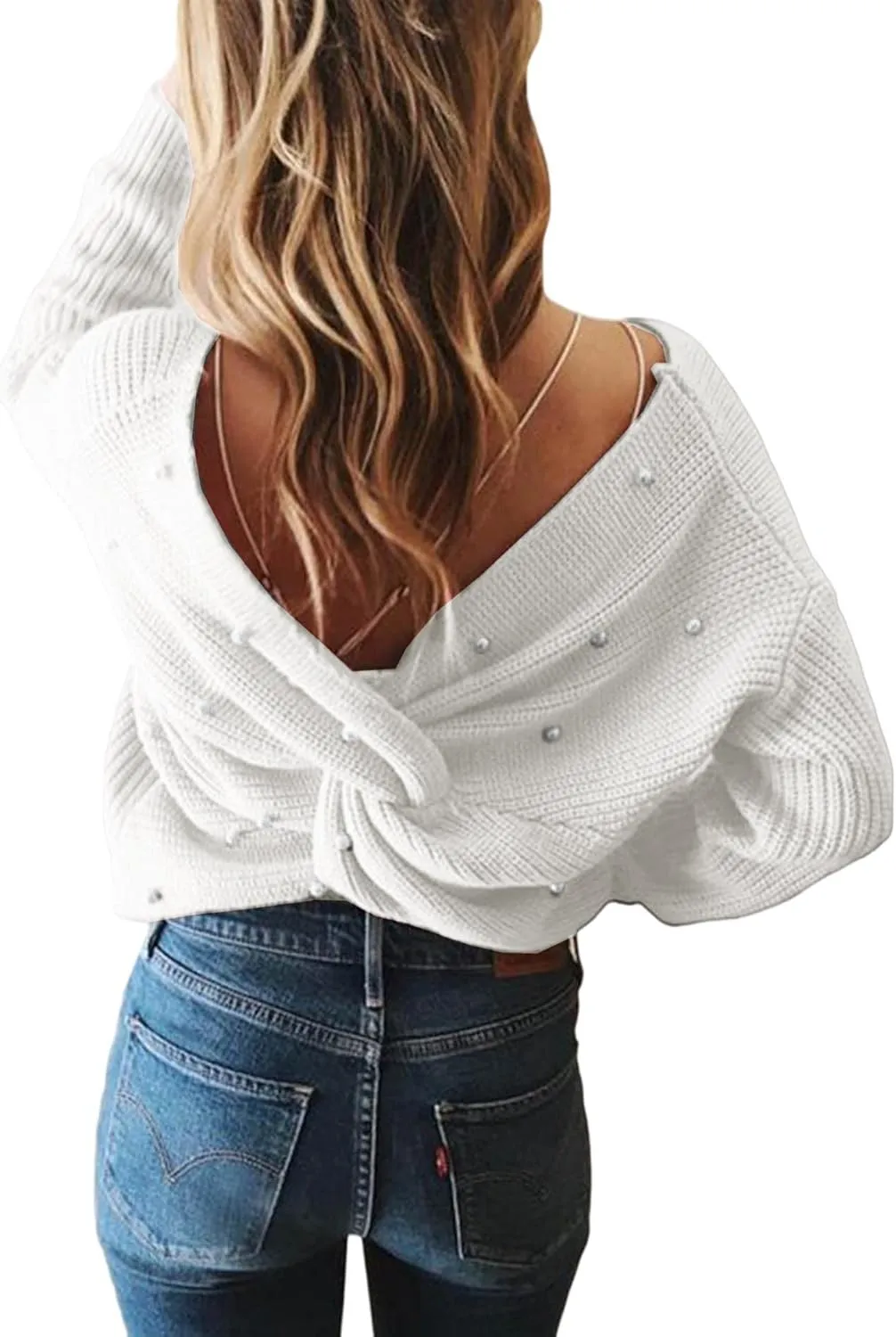 Sexyshine Women's Casual V Neck Criss Cross Backless Long Batwing Sleeve Loose Knitted Sweater Pullovers