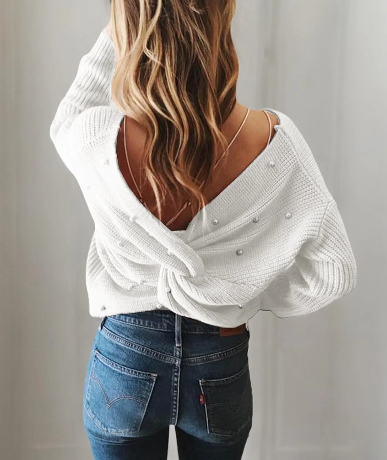 Sexyshine Women's Casual V Neck Criss Cross Backless Long Batwing Sleeve Loose Knitted Sweater Pullovers
